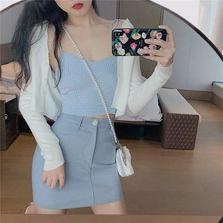 Cropped Camisole Top / Mini Pencil Skirt / Cropped Cardigan