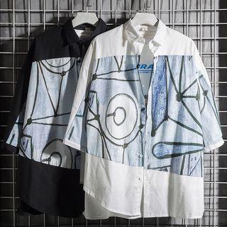 3/4-sleeve Printed Paneled Shirt
