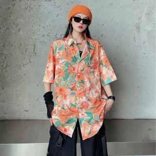 Short-sleeve Flower Print Button-up Shirt