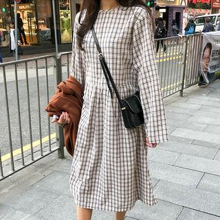 Crew-neck Checked Midi Empire Dress