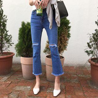 Slit-detail Fray-hem Boot-cut Jeans