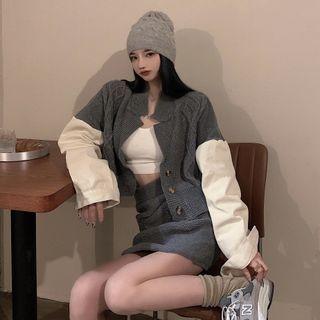 Knit Panel Cropped Jacket / Mini Pencil Skirt