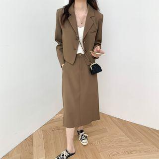 Plain Button-up Oversize Blazer / High-waist Plain A-line Skirt