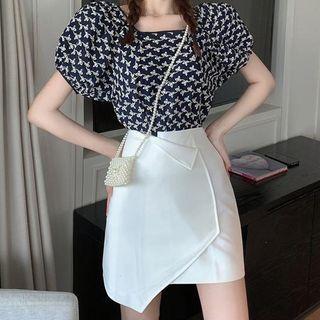 Set: Balloon-sleeve Patterned Blouse + A-line Wrap Skirt