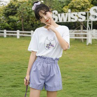 Printed Elbow-sleeve T-shirt / High-waist Shorts / Set