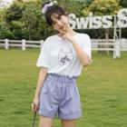 Printed Elbow-sleeve T-shirt / High-waist Shorts / Set
