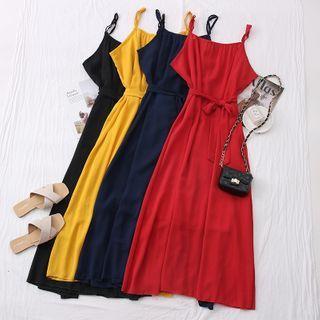 Plain Sleeveless Midi Dress With Sash