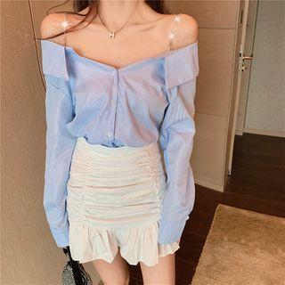 Cold-shoulder Blouse / Ruffle Mini Pencil Skirt