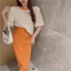 Short-sleeve Textured Blouse / Midi Skirt