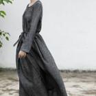 Long-sleeve Linen Midi Dress Melange Gray - One Size