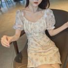 Purff-sleeve Tie Neck Floral Mini Dress