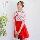 Elbow-sleeve Mini Skirt Hanbok Set (flamingo / Burgundy)