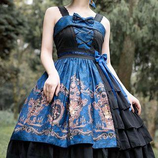 Graphic Print Tiered Lolita Overall Dress