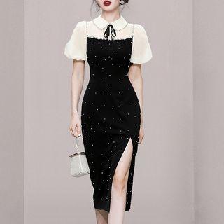 Puff-sleeve Two-tone Slit Midi Bodycon Dress