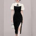 Puff-sleeve Two-tone Slit Midi Bodycon Dress