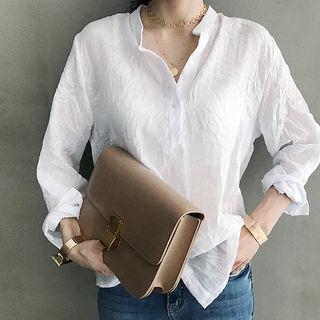 Mandarin-collar Tab-sleeve Crinkled Shirt