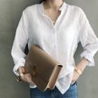 Mandarin-collar Tab-sleeve Crinkled Shirt