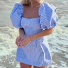 Gingham Puff-sleeve Open Back A-line Dress