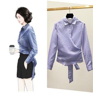 Long-sleeve Tie-back Pinstriped Collared Top