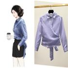 Long-sleeve Tie-back Pinstriped Collared Top