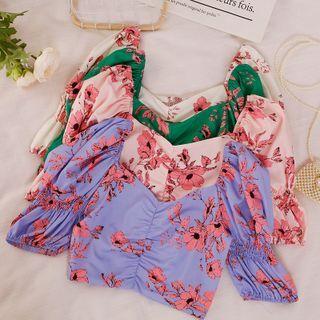 Puff-sleeve Floral Shirred Cropped Blouse