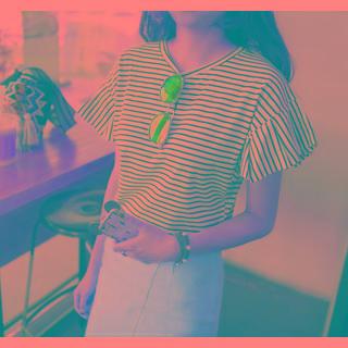 Frilled Cap-sleeve Striped Top