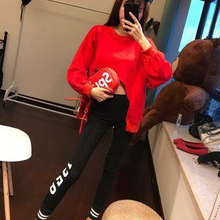 Set: Asymmetric Pullover + Numbering Leggings Pullover - Red - One Size / Leggings - Black - One Size