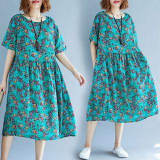 Short-sleeve Leaf Print A-line Midi Dress Blue - One Size