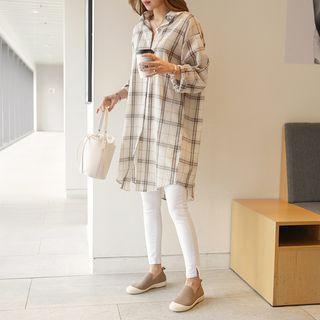 Checked Long Shirt Beige - One Size