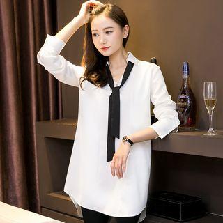 Contrast Long-sleeve Chiffon Top