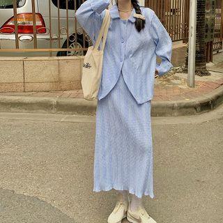 Collared Button-up Blouse / Midi A-line Skirt