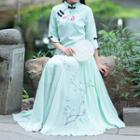 Set: Embroidered 3/4-sleeve Hanfu Blouse + Maxi A-line Skirt