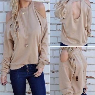 Cutout Shoulder Distressed Long-sleeve T-shirt