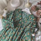 Floral Print Collared Bell-sleeve A-line Dress Green - One Size