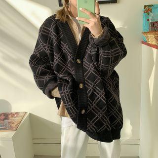 V-neck Plaid Cardigan Black - One Size