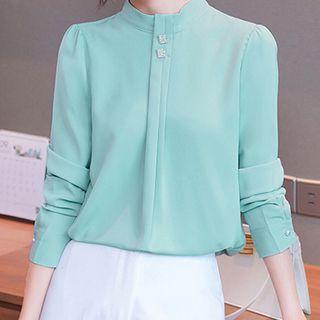 Long-sleeve Mock-neck Buttoned Mesh Blouse