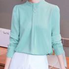 Long-sleeve Mock-neck Buttoned Mesh Blouse
