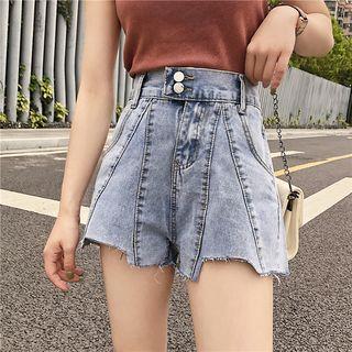 Asymmetric Frayed Hem Wide-leg Denim Shorts