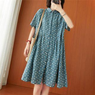 Short-sleeve Dotted A-line Shirtdress As Shown In Figure - One Size