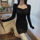 Square-neck Long-sleeve Mini Dress Black - One Size