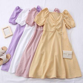 Puff-sleeve Ruched Midi Dress In 8 Colors