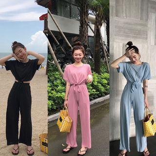 Set: Lace-up Short-sleeve T-shirt + Elastic Waist Wide-leg Pants