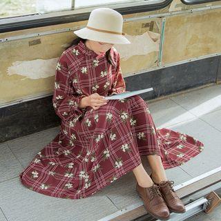 Long-sleeve Floral Print Plaid Midi Dress