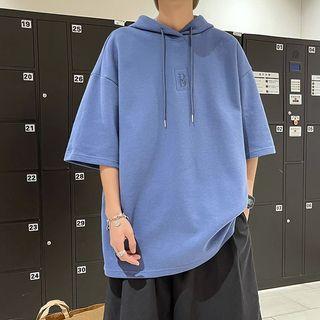Elbow Sleeve Plain Hooded T-shirt