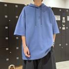 Elbow Sleeve Plain Hooded T-shirt