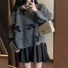 Long-sleeve Bow  Knit Sweater Gray - One Size