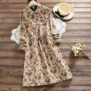 Long-sleeve Fruit Print Shirt-dress With Brooch