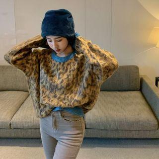 Contrast Trim Leopard Pattern Sweater As Shown In Figure - One Size