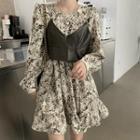Long-sleeve Floral Print Midi Dress / Faux Leather Camisole Top