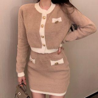 Contrast Trim Cropped Knit Cardigan / Mini Pencil Skirt